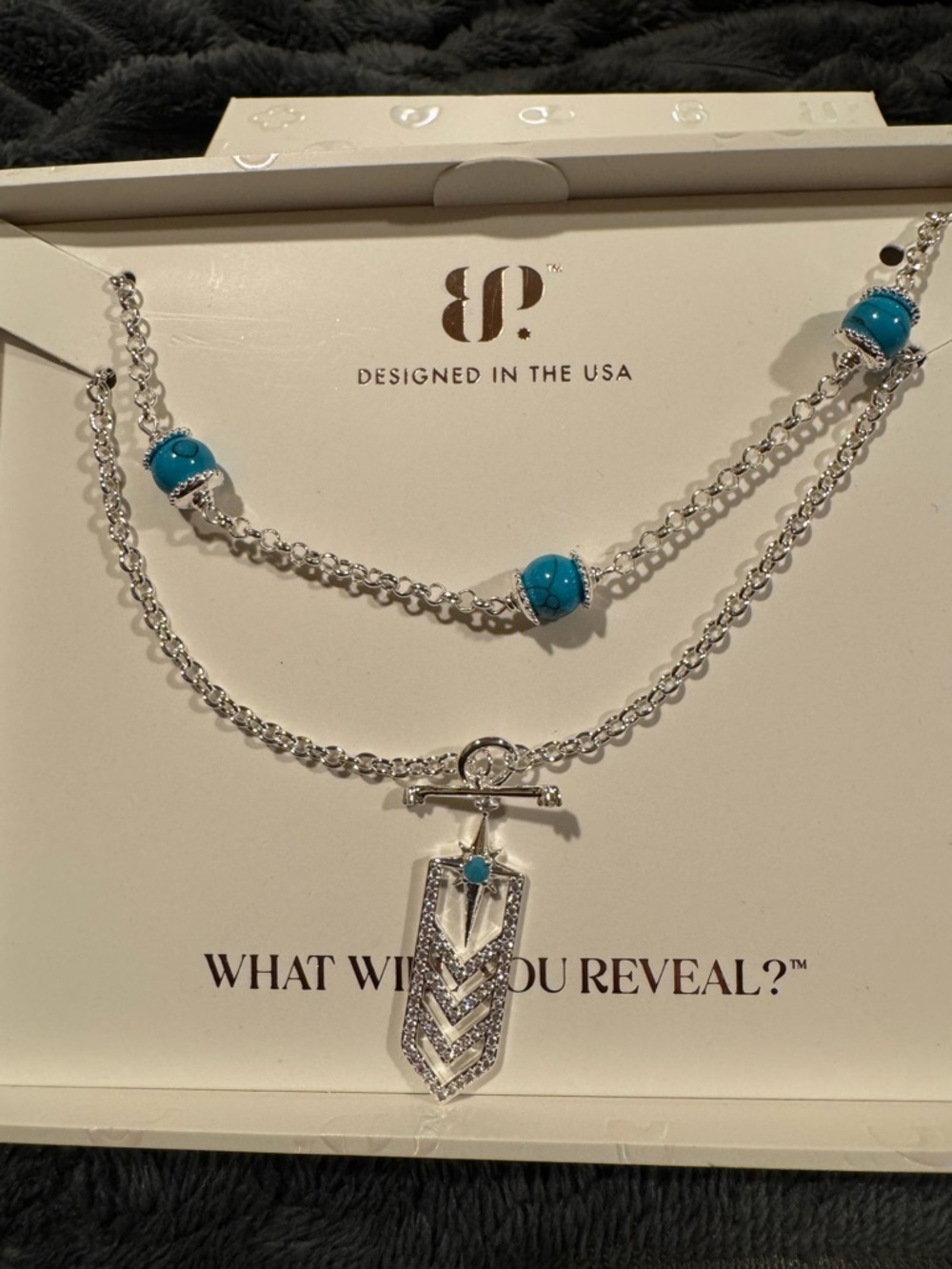 Luxe Layers Turquoise Bead Layered Silver Necklace with Chevron Pendant
